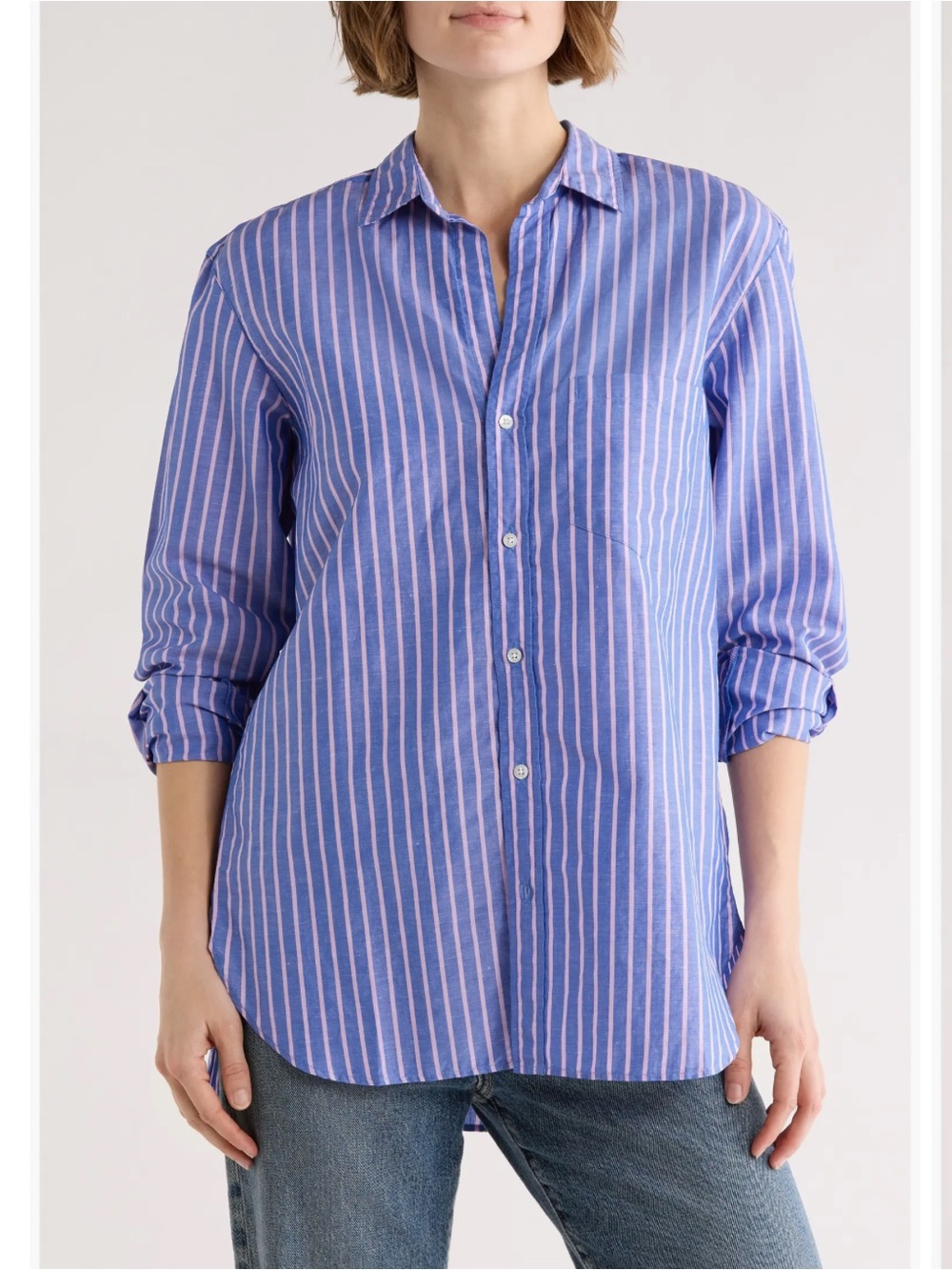 Frank & Eileen Relaxed Fit Cotton Button-Up Shirt Blue Pink Stripe Women’S XXS